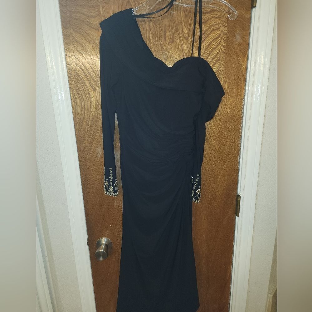 Mac Duggal Black Foldover Long Sleeve Jeweled Midi Dress SIZE 6 NWT Retail $258 - Picture 11 of 14